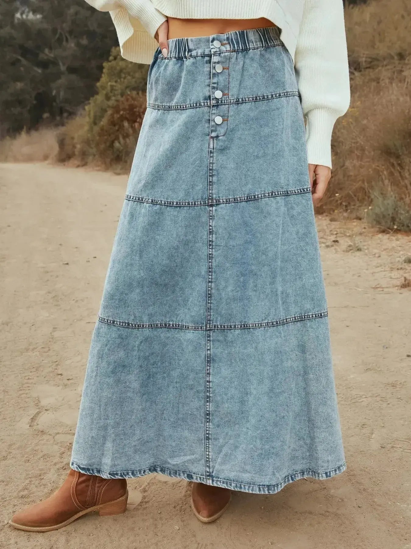 Button-Front Tiered Maxi Denim Skirt - Plush Fashion Hub