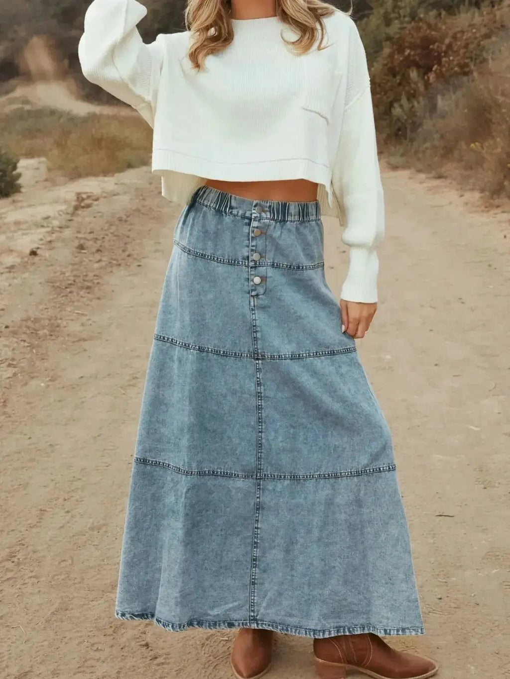 Button-Front Tiered Maxi Denim Skirt - Plush Fashion Hub