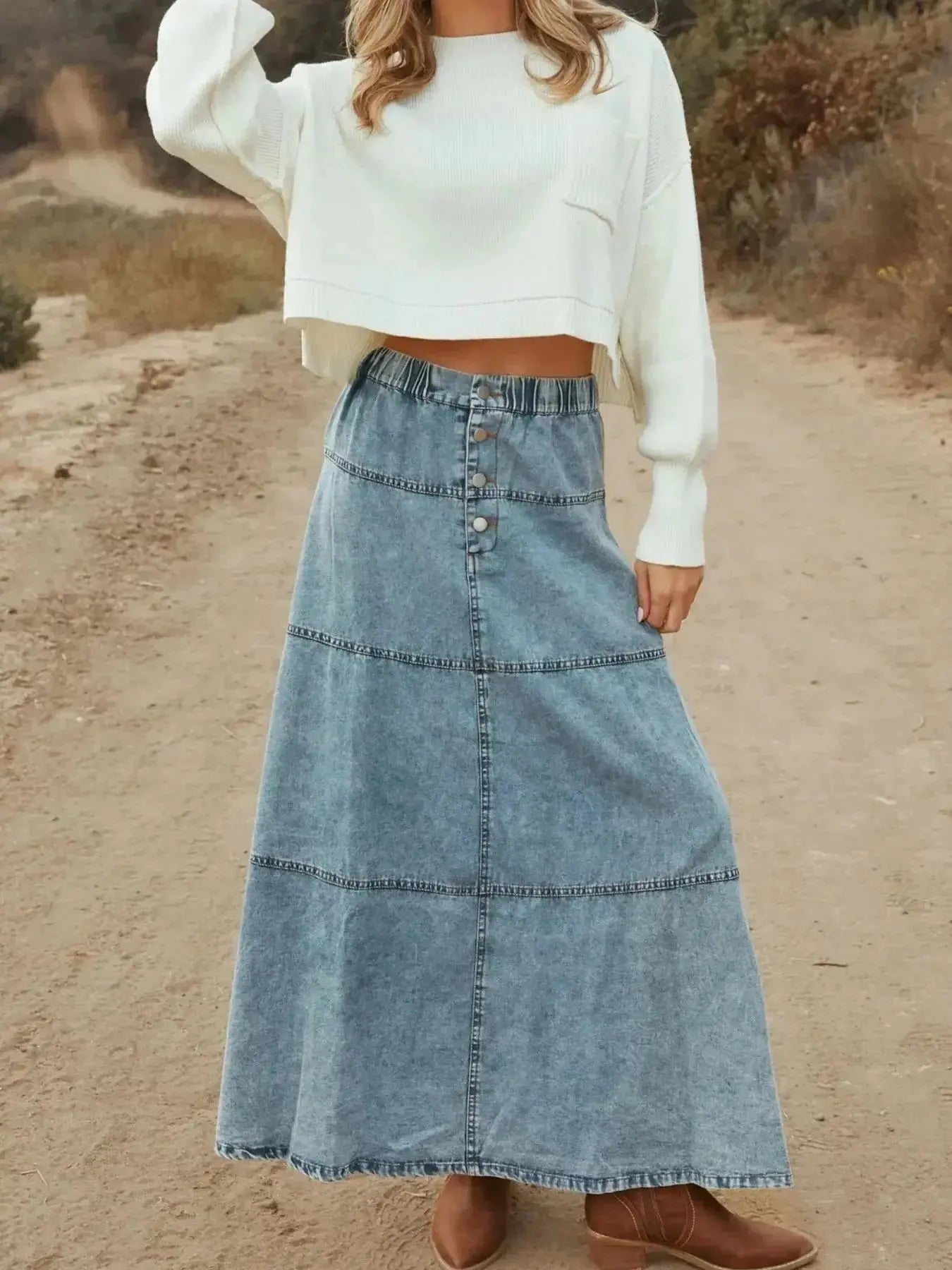Button-Front Tiered Maxi Denim Skirt - Plush Fashion Hub
