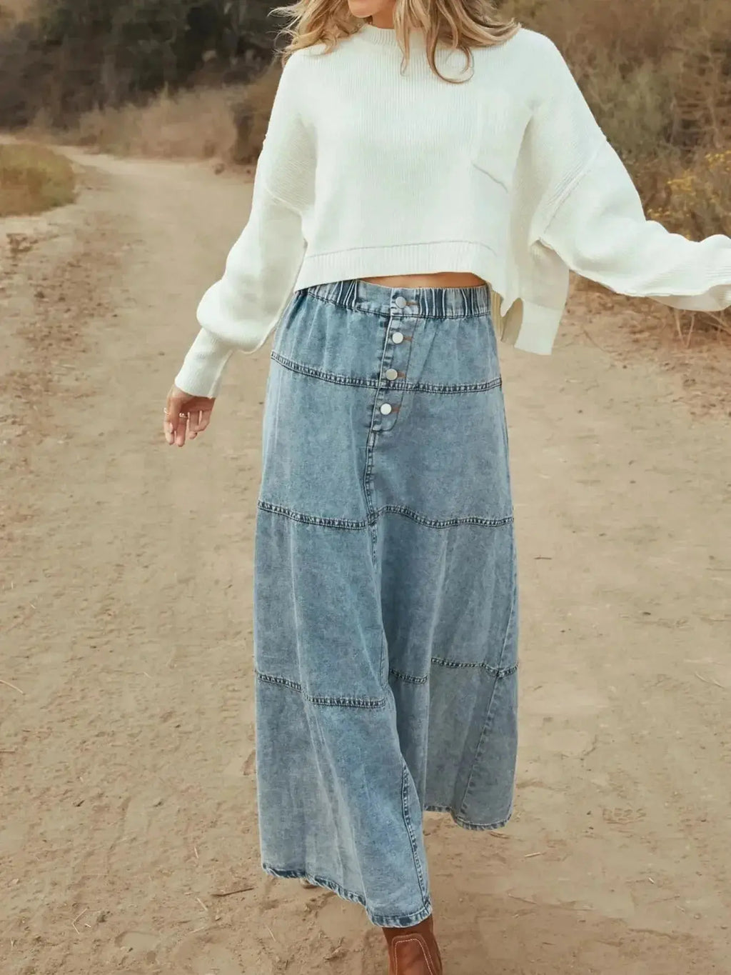 Button-Front Tiered Maxi Denim Skirt - Plush Fashion Hub