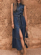 Button Front Sleeveless Denim Dress - Plush Fashion Hub