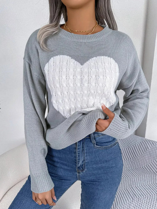Cable Knit Heart Round Neck Sweater - Plush Fashion Hub