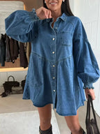 Button Down Mini Denim Dress with Front Pockets - Plush Fashion Hub