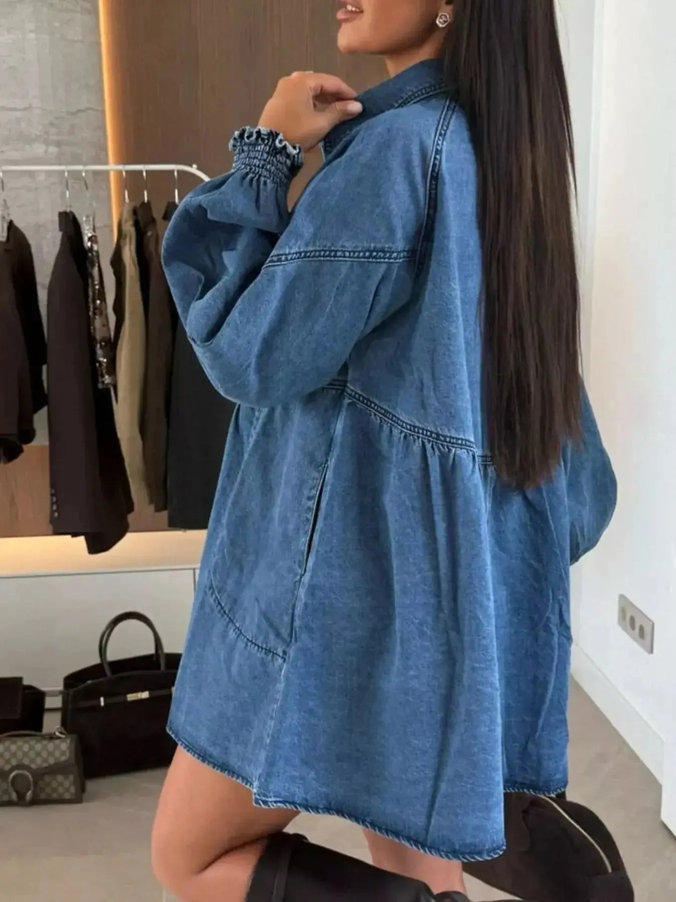 Button Down Mini Denim Dress with Front Pockets - Plush Fashion Hub