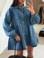 Button Down Mini Denim Dress with Front Pockets - Plush Fashion Hub