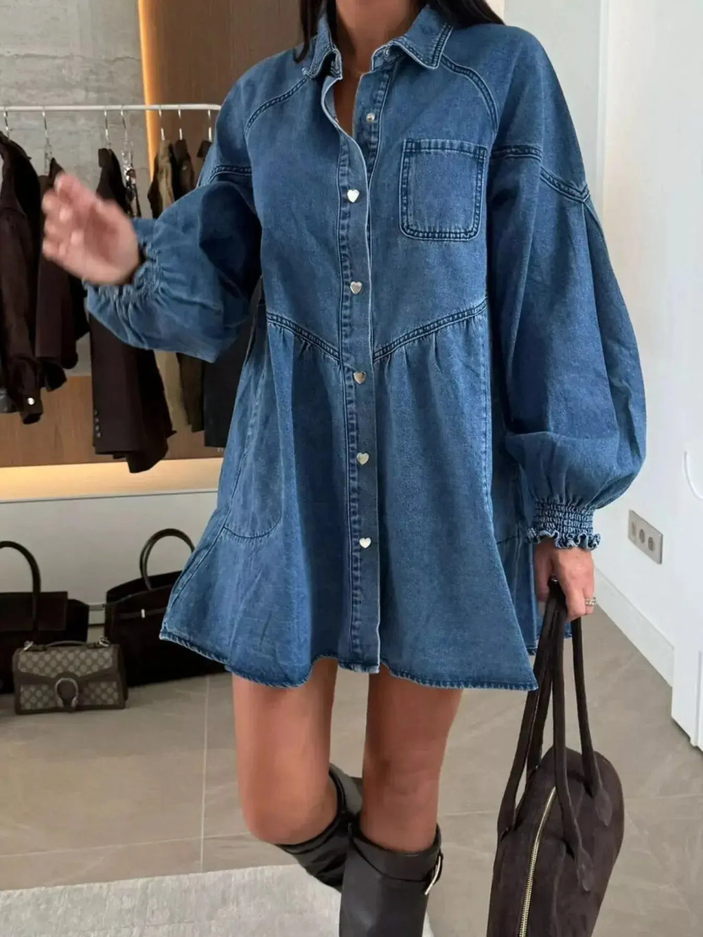 Button Down Mini Denim Dress with Front Pockets - Plush Fashion Hub