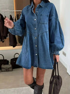 Button Down Mini Denim Dress with Front Pockets - Plush Fashion Hub