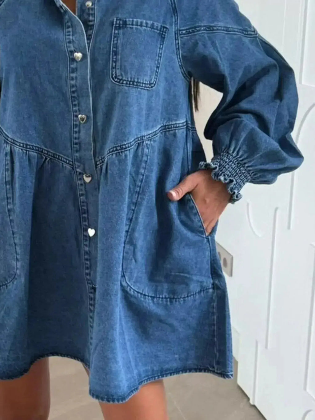 Button Down Mini Denim Dress with Front Pockets - Plush Fashion Hub
