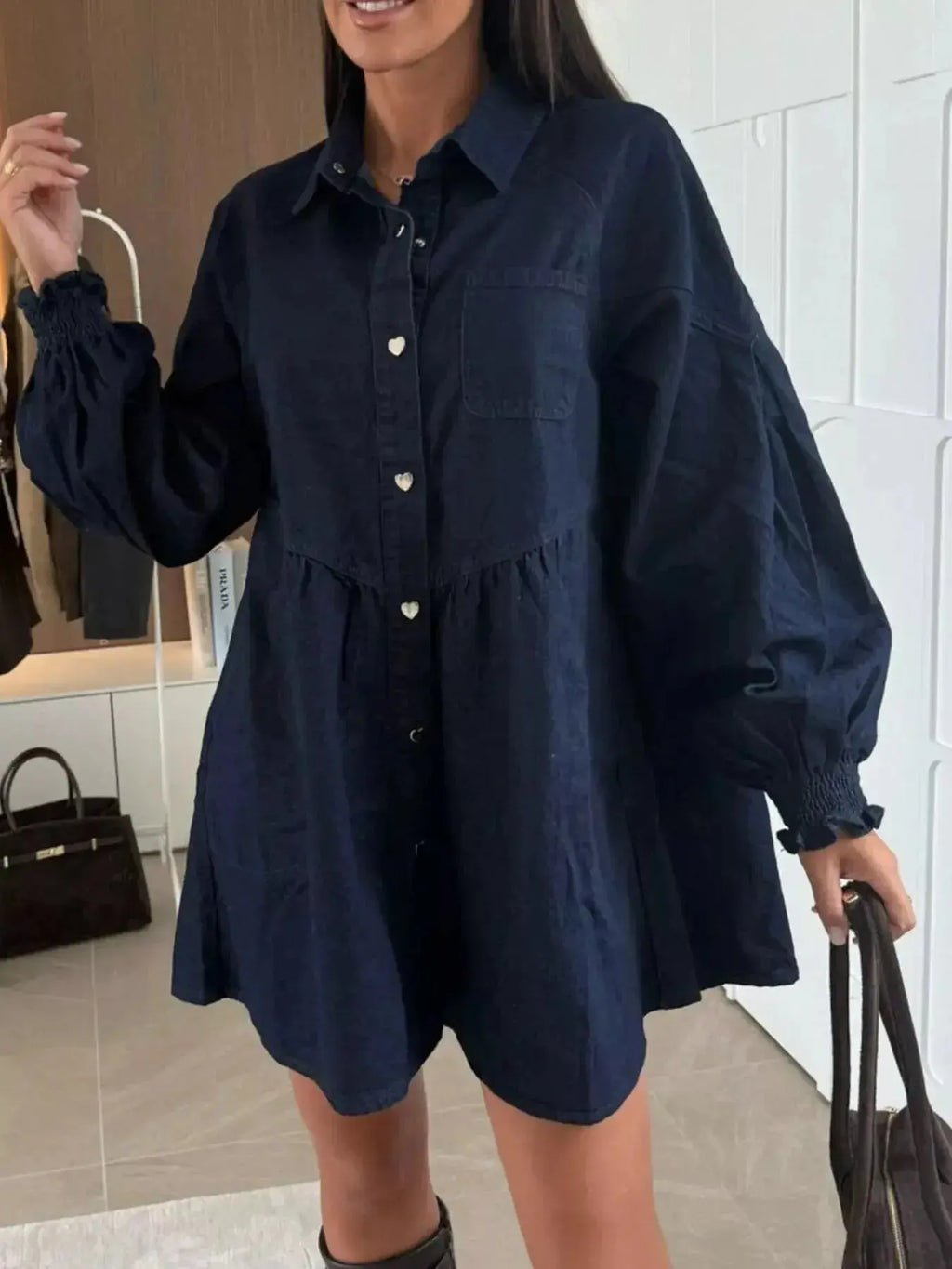 Button Down Mini Denim Dress with Front Pockets - Plush Fashion Hub