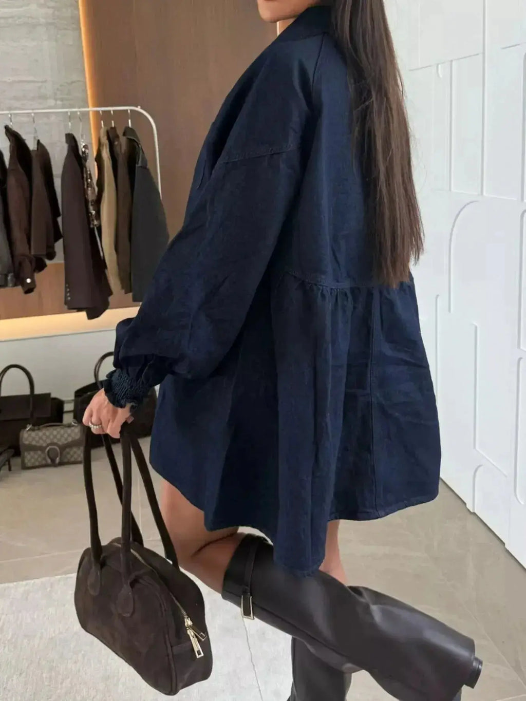 Button Down Mini Denim Dress with Front Pockets - Plush Fashion Hub