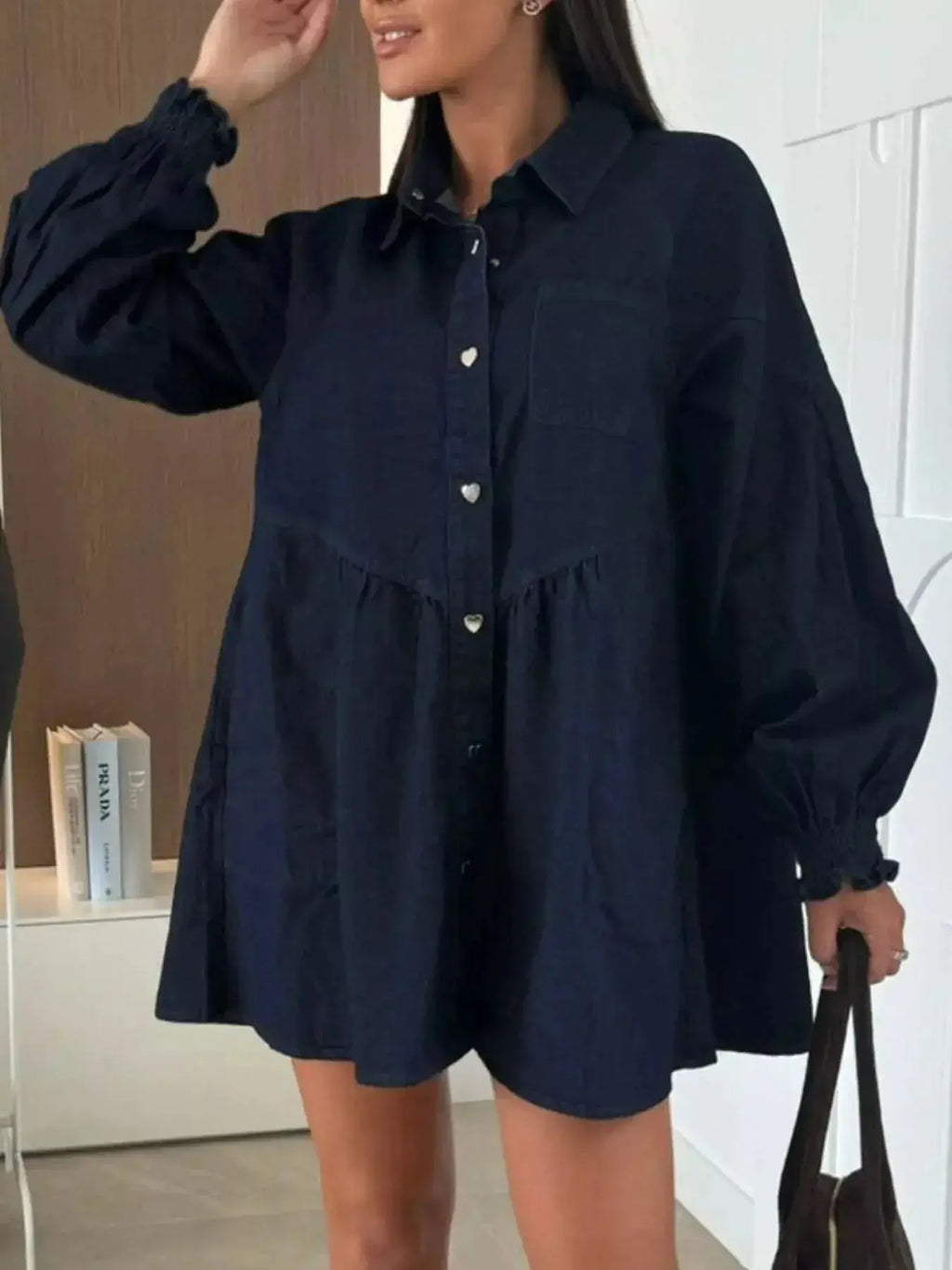 Button Down Mini Denim Dress with Front Pockets - Plush Fashion Hub