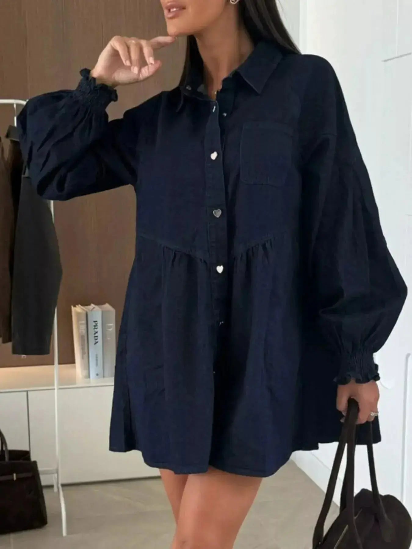 Button Down Mini Denim Dress with Front Pockets - Plush Fashion Hub