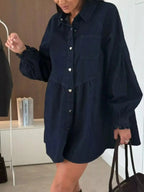 Button Down Mini Denim Dress with Front Pockets - Plush Fashion Hub