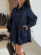 Button Down Mini Denim Dress with Front Pockets - Plush Fashion Hub