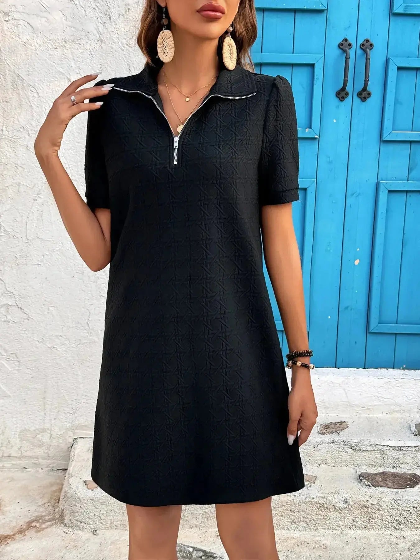 Zip Collar Short Sleeve Casual Mini Dress - Plush Fashion Hub