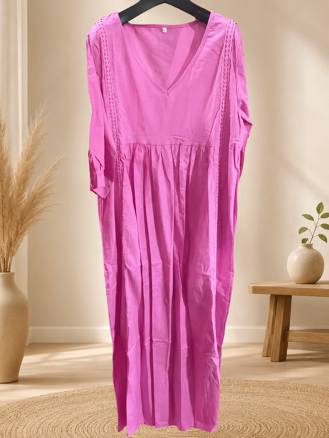 Women's linen cotton V-neck casual dress with lace trim, loose fit in seven colors by FitiqueFit.