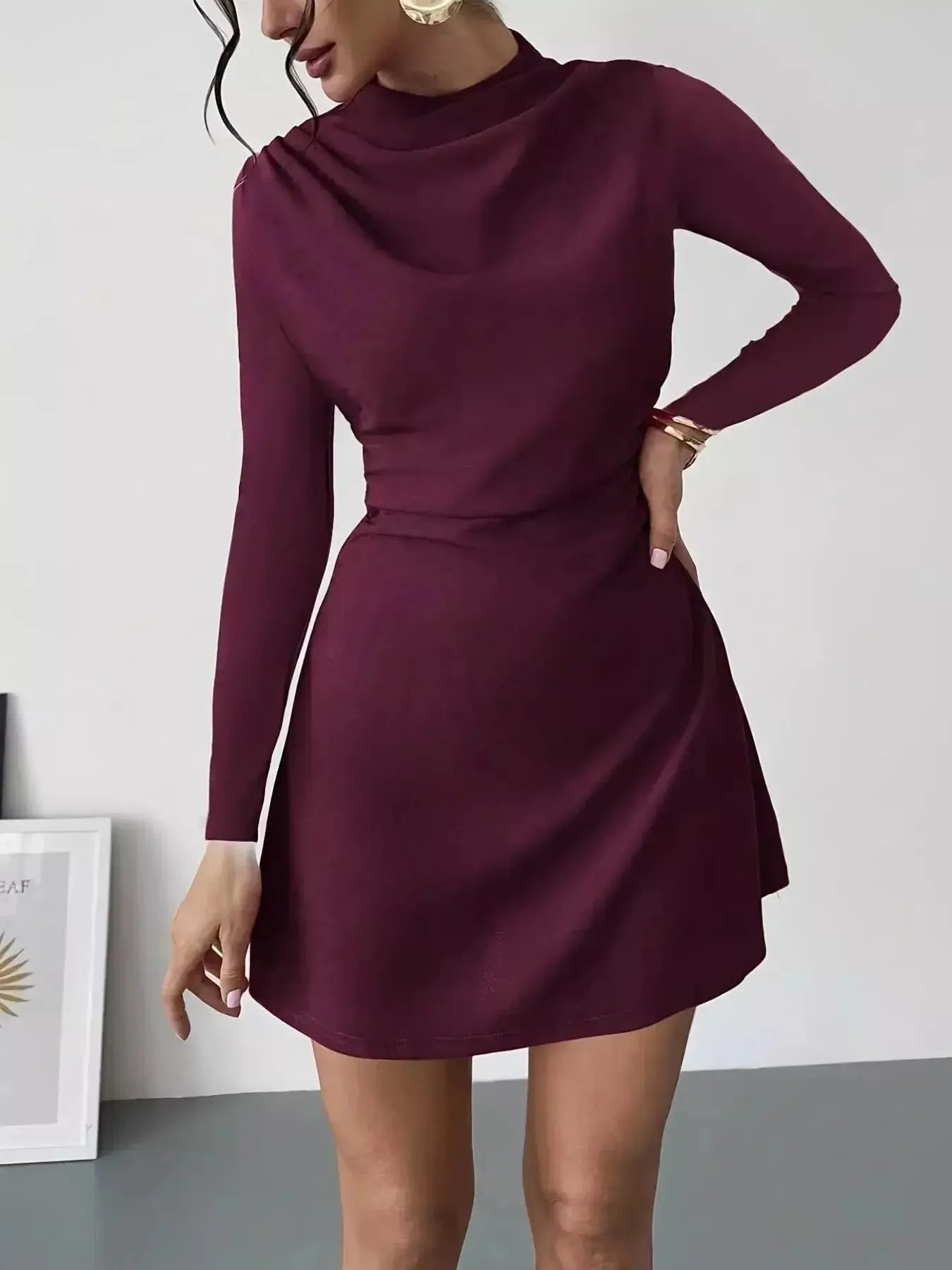 Mock Neck Long Sleeve Mini Dress - Plush Fashion Hub