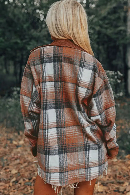 Cinnamon Plaid Corduroy Patchwork Shacket With Pockets - Plush Fashion Hub