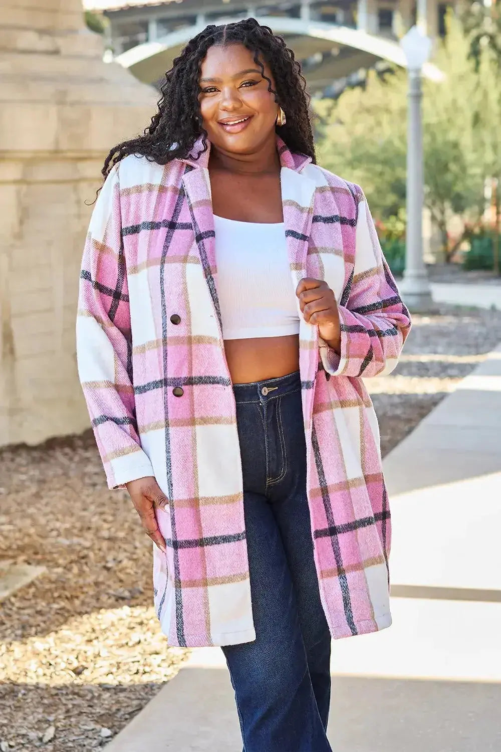 Double Take Full Size Plaid Button Up Lapel Collar Coat - Plush Fashion Hub