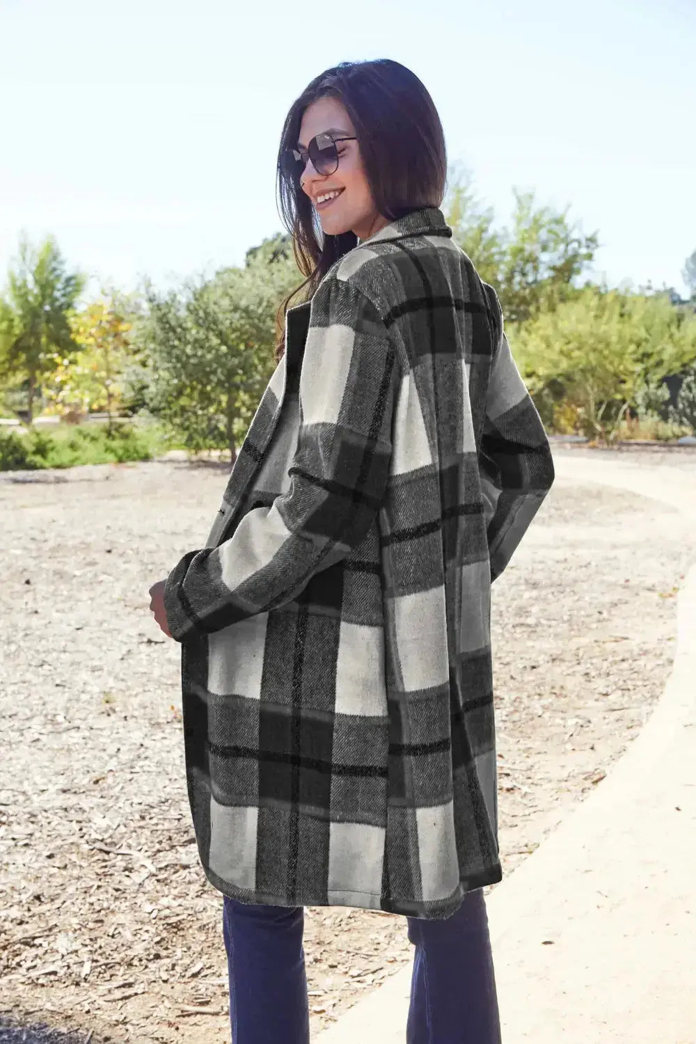 Double Take Full Size Plaid Button Up Lapel Collar Coat - Plush Fashion Hub