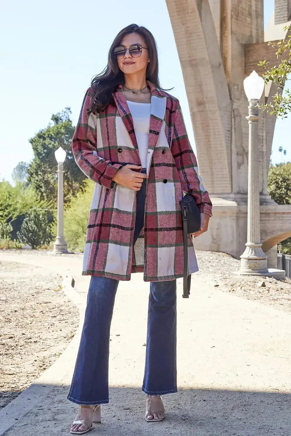 Double Take Full Size Plaid Button Up Lapel Collar Coat - Plush Fashion Hub