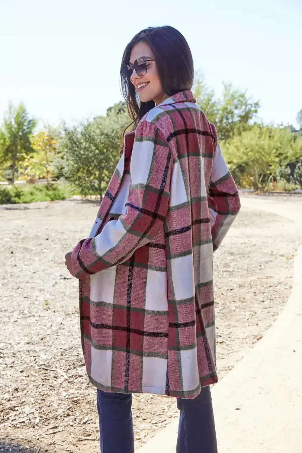 Double Take Full Size Plaid Button Up Lapel Collar Coat - Plush Fashion Hub