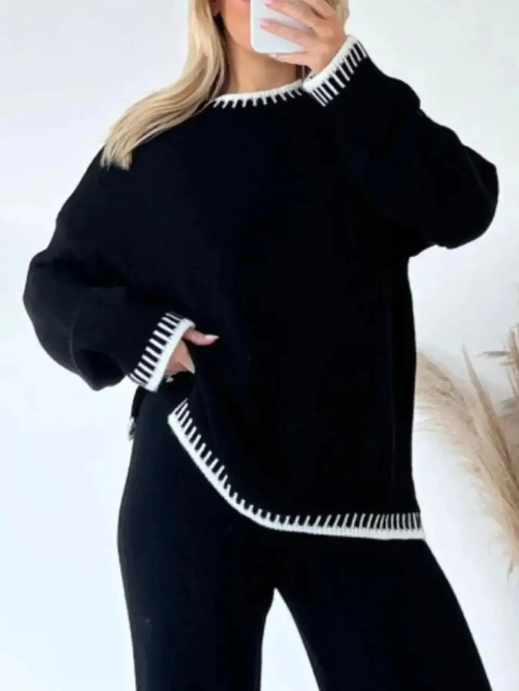 Contrast Trim Round Neck Top and Pants Sweater Set - Plush Fashion Hub