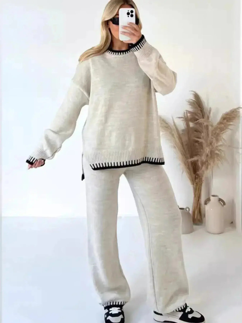 Contrast Trim Round Neck Top and Pants Sweater Set - Plush Fashion Hub