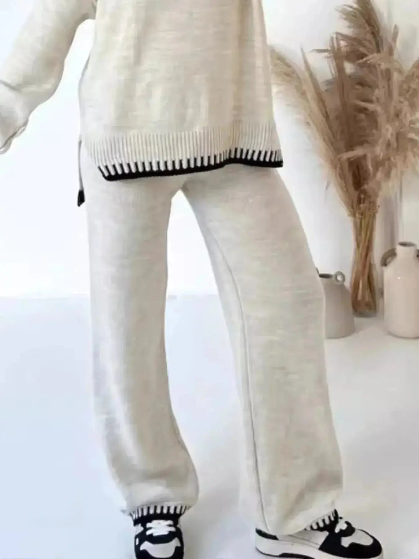Contrast Trim Round Neck Top and Pants Sweater Set - Plush Fashion Hub