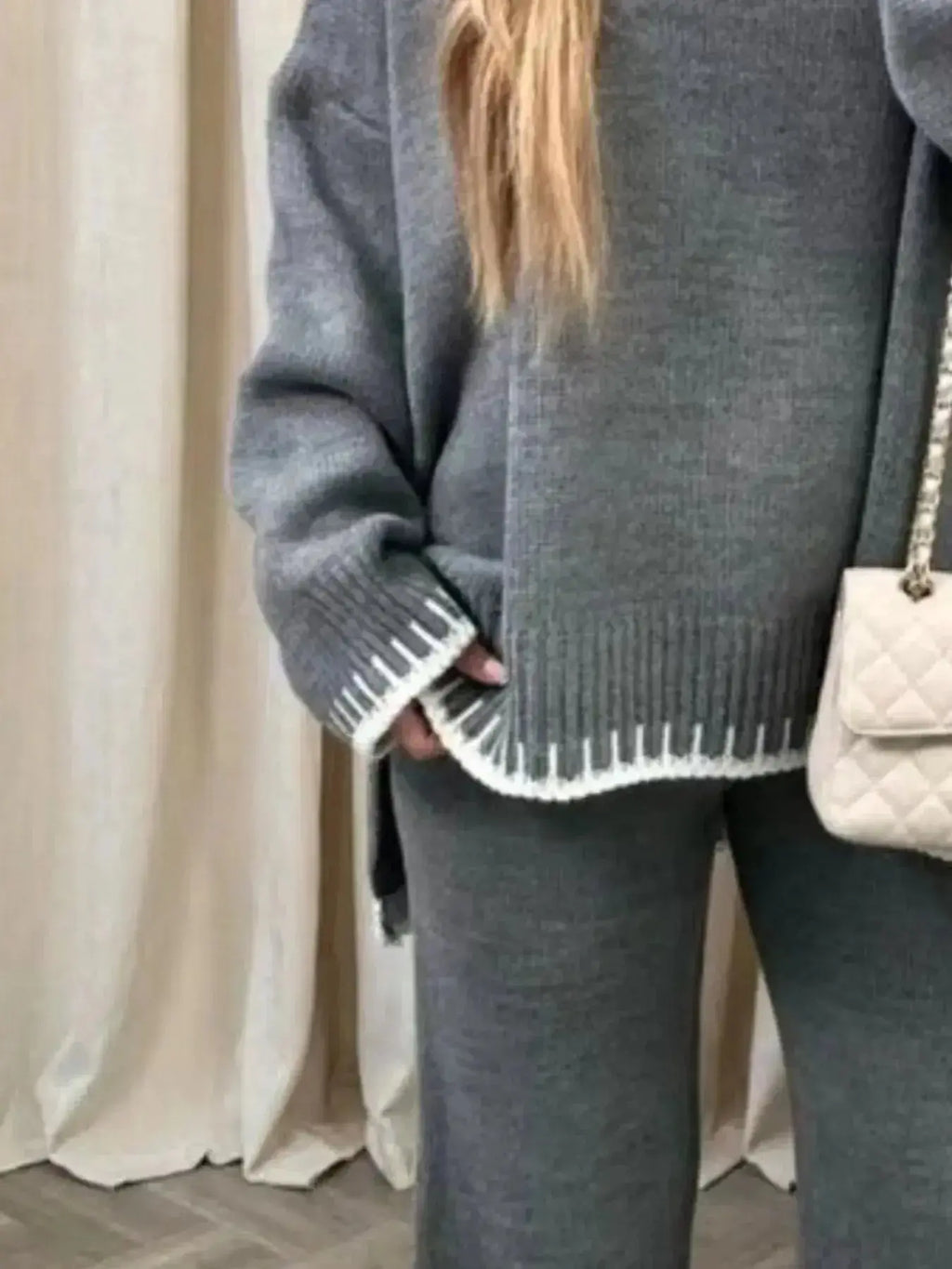 Contrast Trim Round Neck Top and Pants Sweater Set - Plush Fashion Hub