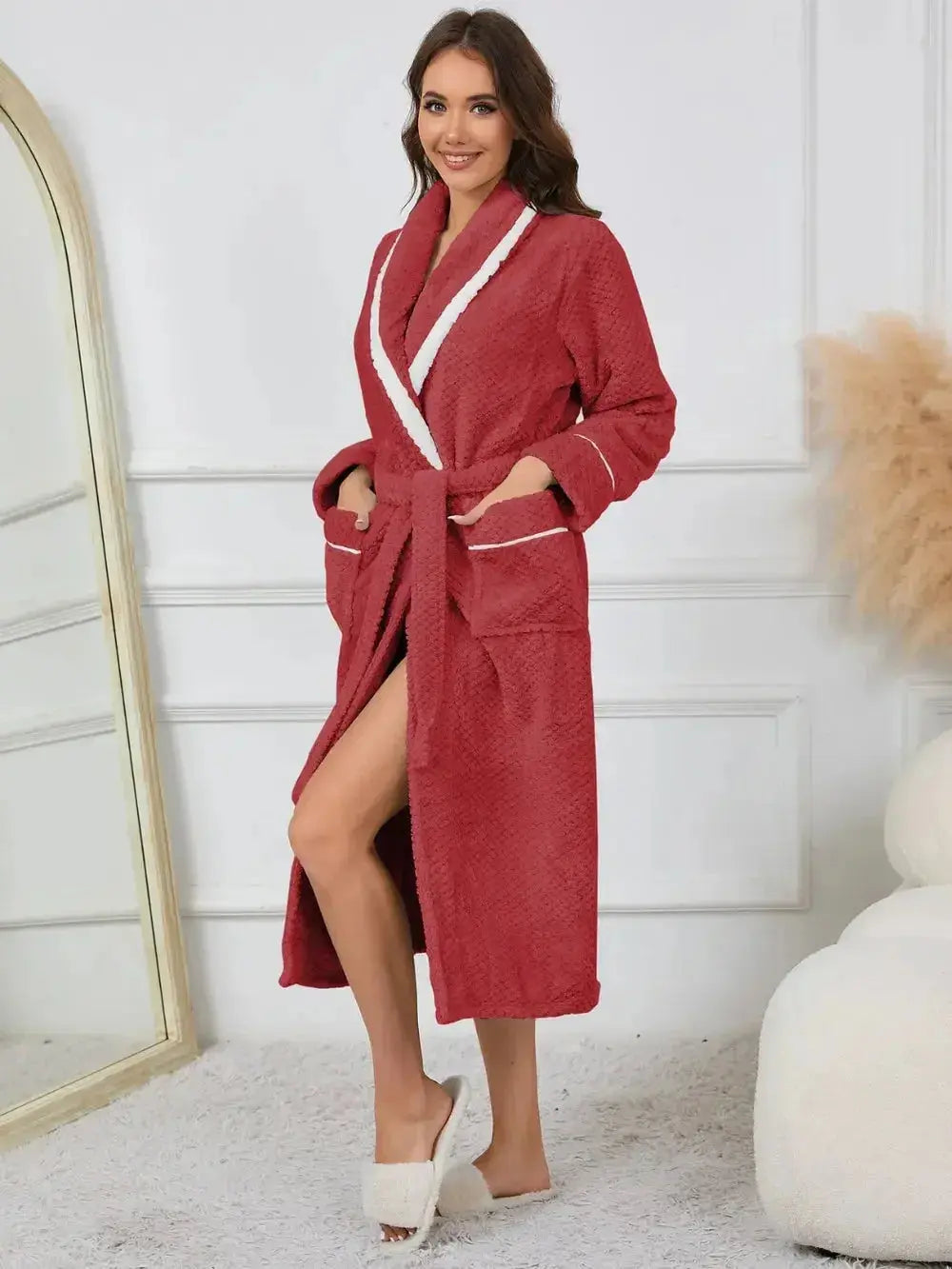 Contrast Trim Tie Waist Lounge Nightgown with Pockets - Plush Fashion Hub