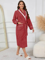 Contrast Trim Tie Waist Lounge Nightgown with Pockets - Plush Fashion Hub