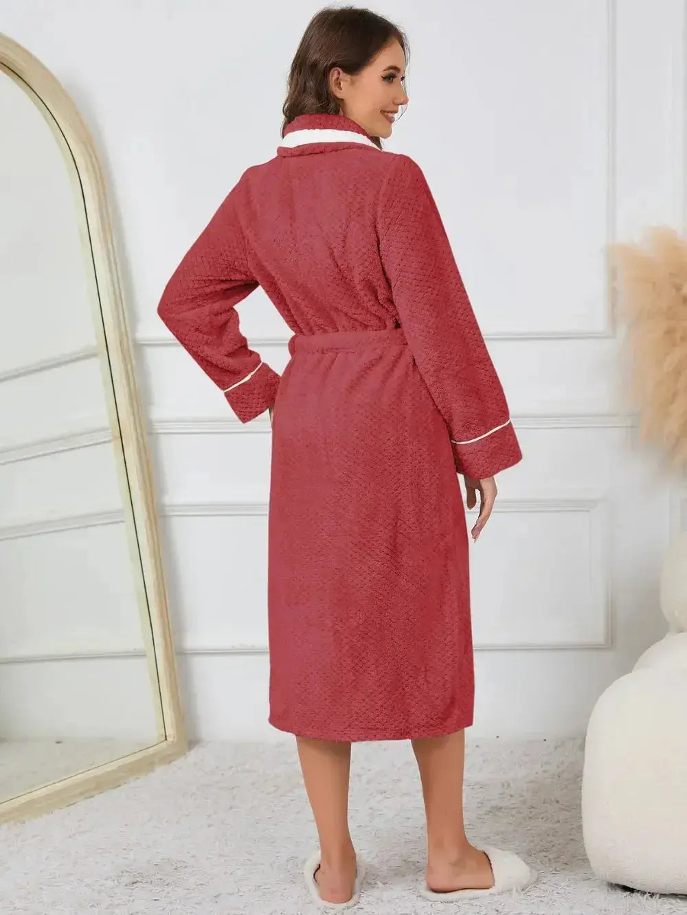 Contrast Trim Tie Waist Lounge Nightgown with Pockets - Plush Fashion Hub