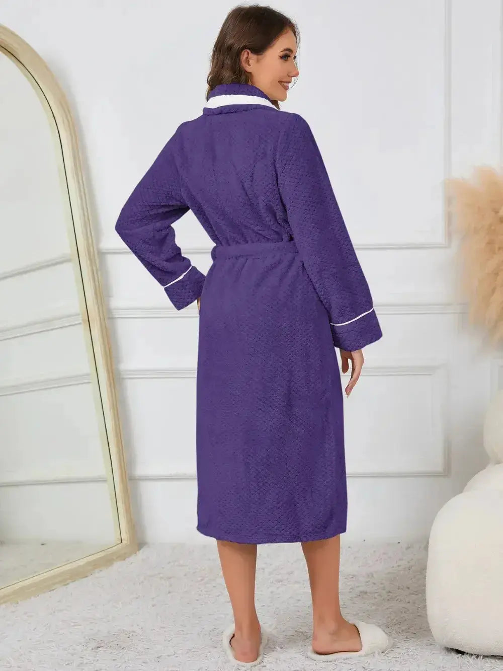 Contrast Trim Tie Waist Lounge Nightgown with Pockets - Plush Fashion Hub