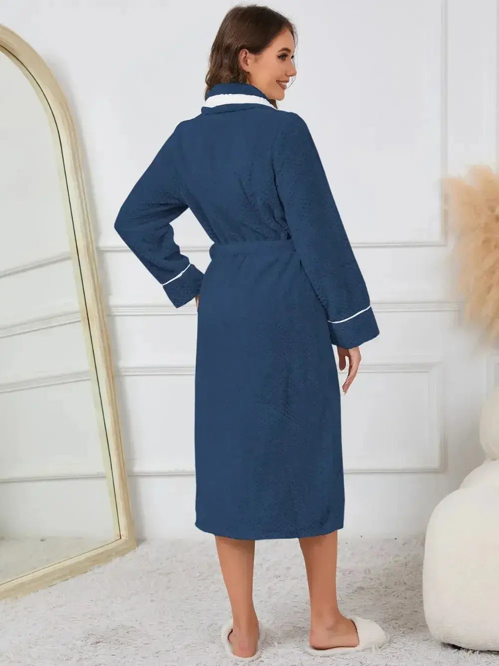 Contrast Trim Tie Waist Lounge Nightgown with Pockets - Plush Fashion Hub
