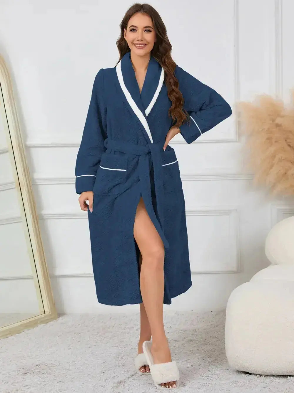Contrast Trim Tie Waist Lounge Nightgown with Pockets - Plush Fashion Hub