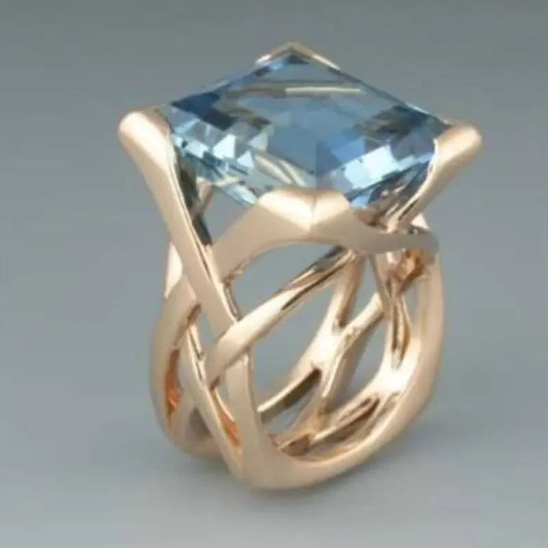 Creative Hollowed-out Gold-inlaid Square Ring With A Blue Stone - Plush Fashion Hub