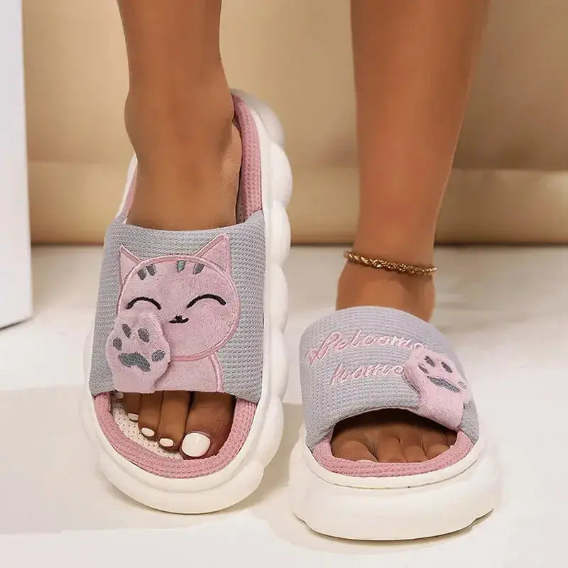 Cute Cartoon Kitten Home Slippers For Women - Plush Fashion Hub