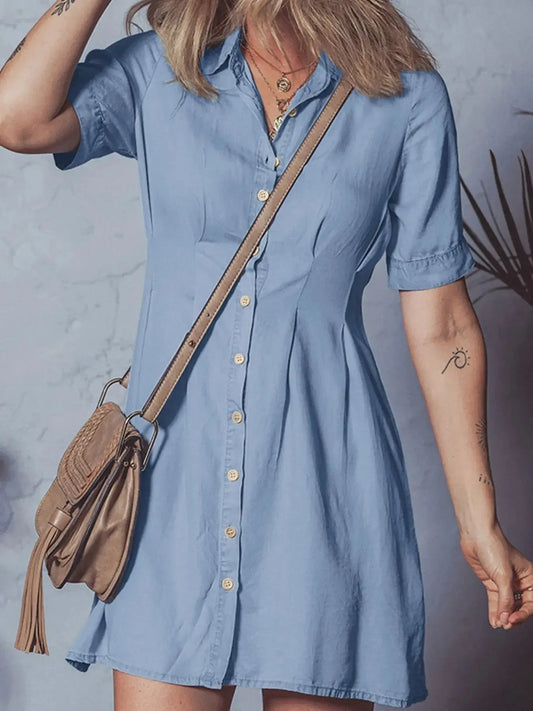 Denim Pleated Slim Waist Short Sleeve Shirt Dress - Plush Fashion Hub