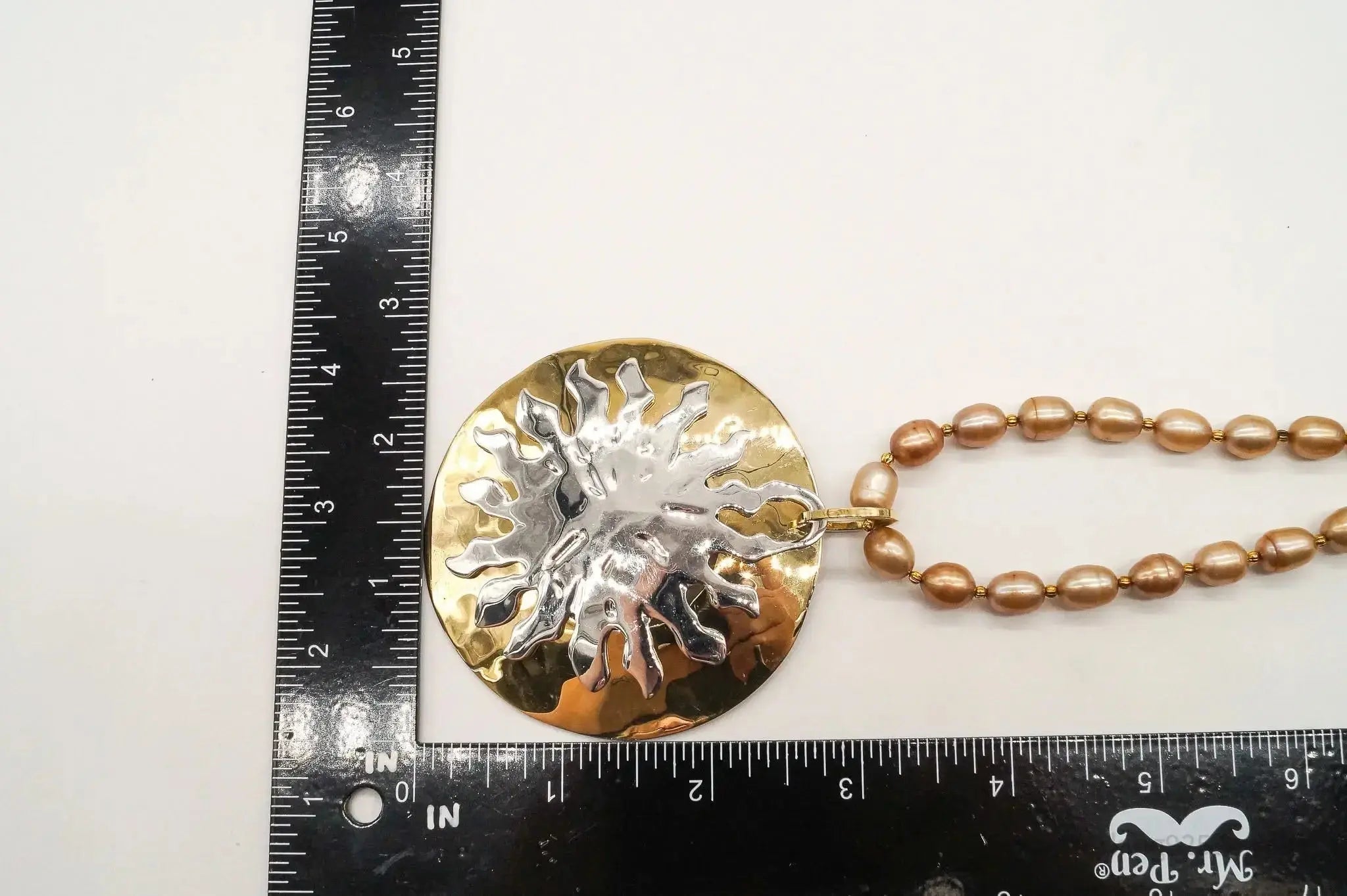 Designer RLM Studio Hammered Sun Pearl Bead Brass Sterling Silver Necklace - Plush Fashion Hub