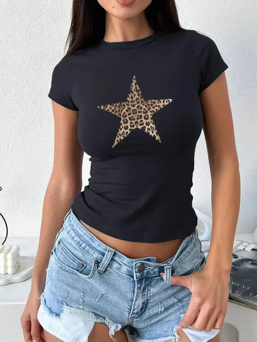 Women's round neck short sleeve T-shirt by Plush Fashion Hub in premium viscose stretch fabric, with a comfortable and stylish fit.
