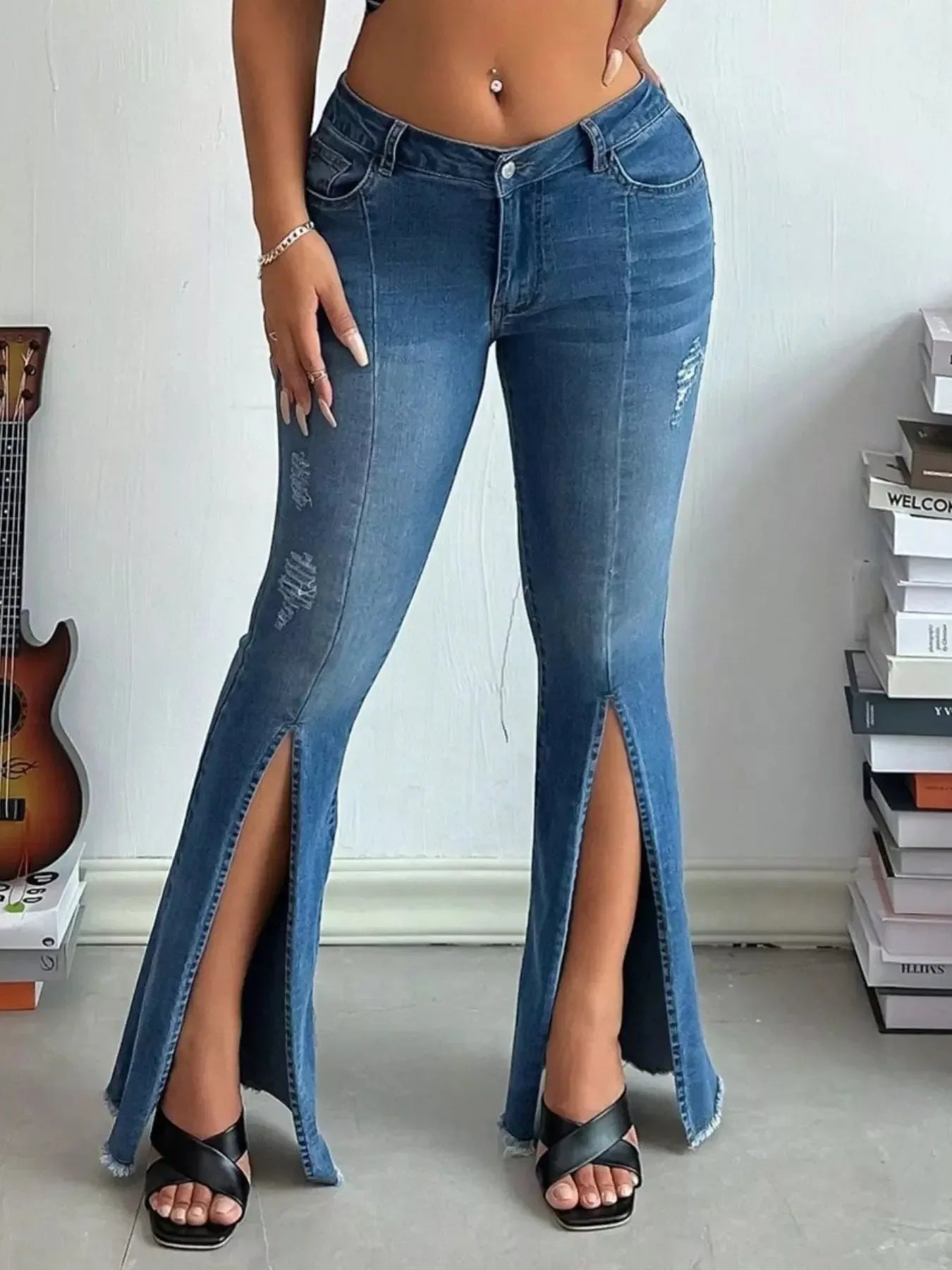 Distressed Slit Flare Jeans - Plush Fashion Hub