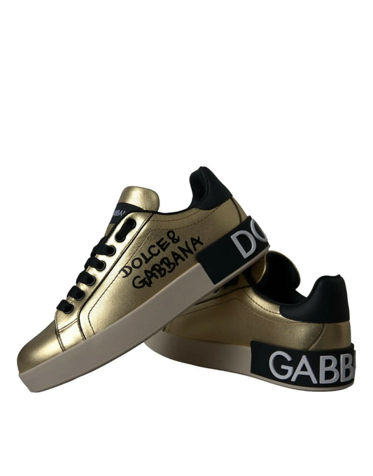 Dolce & Gabbana Gold Portofino Calf Leather Sneakers Women Shoes - Plush Fashion Hub