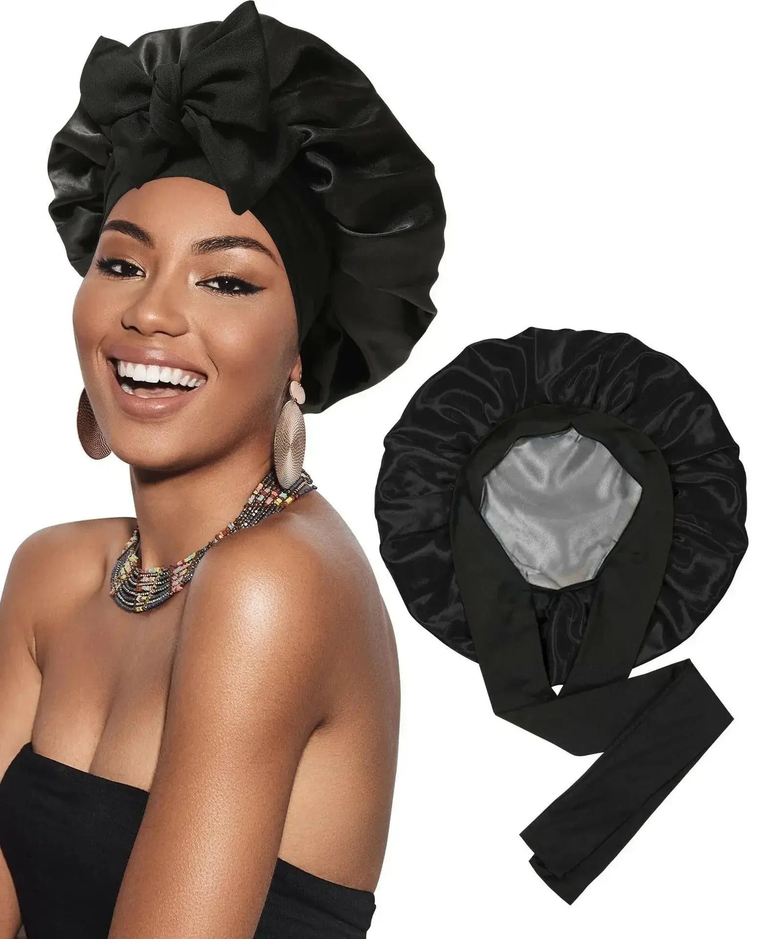 Double-layer Ribbon Round Hair Protectant Bow Hair Care Cap - Plush Fashion Hub