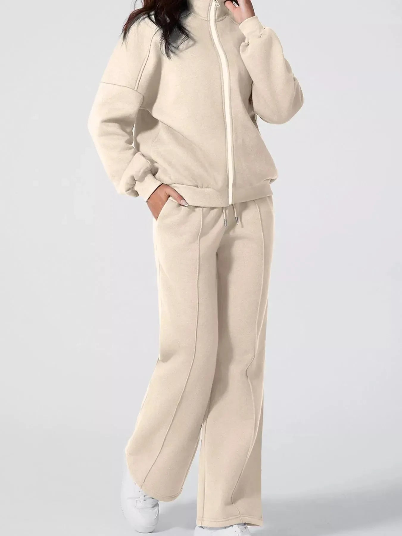 Drop Shoulder Zip Up Jacket and Drawstring Pants Active 2pcs Set - Plush Fashion Hub