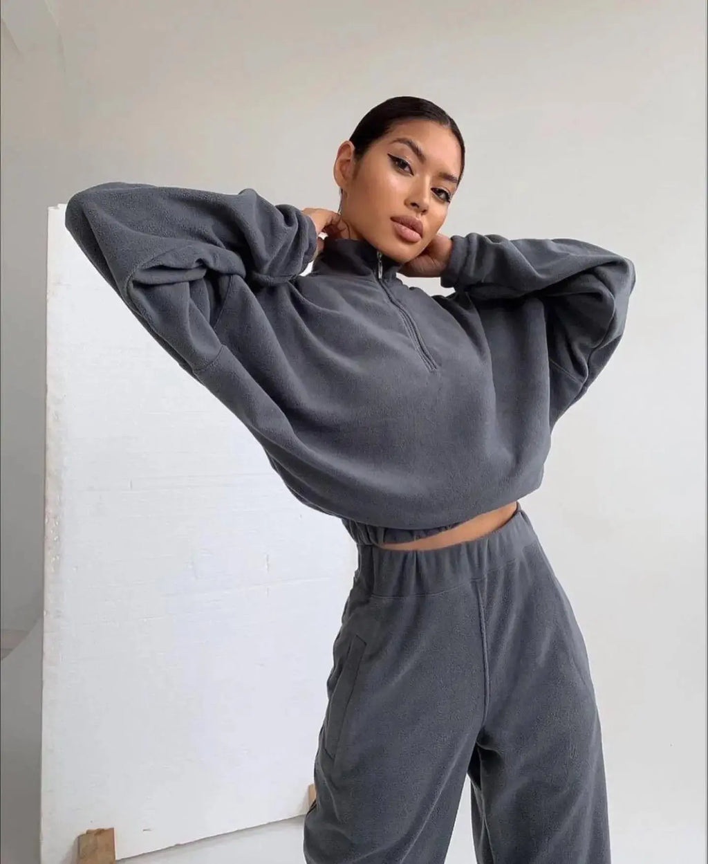 Fashion High Collar Leisure Fleece Sweater Suit - Plush Fashion Hub