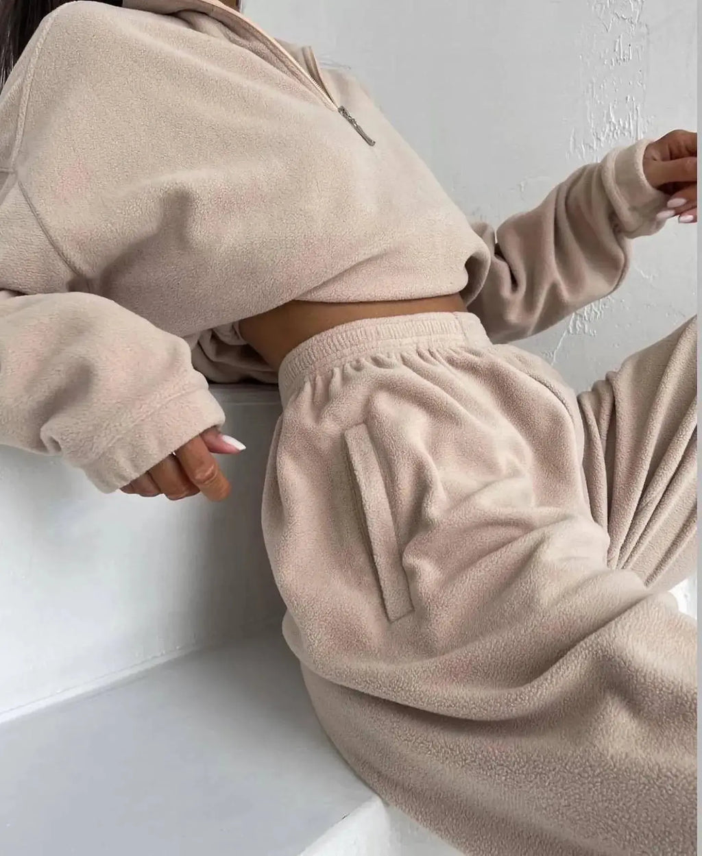Fashion High Collar Leisure Fleece Sweater Suit - Plush Fashion Hub