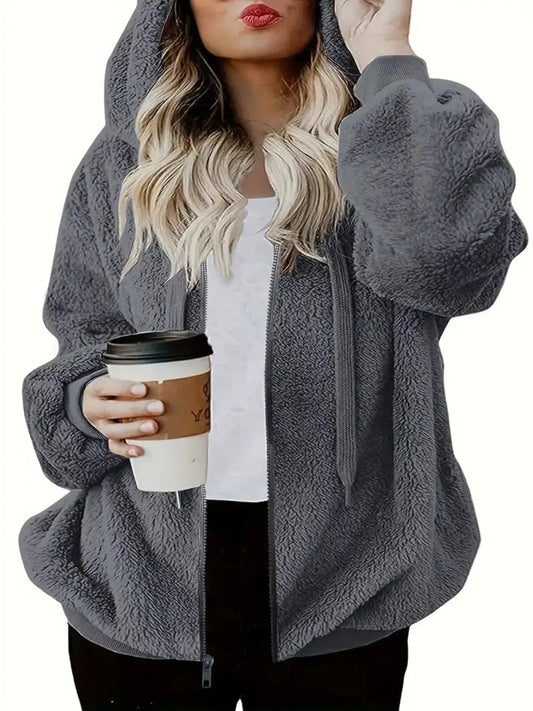 Fleece Zip-Up Drawstring Outerwear - Plush Fashion Hub