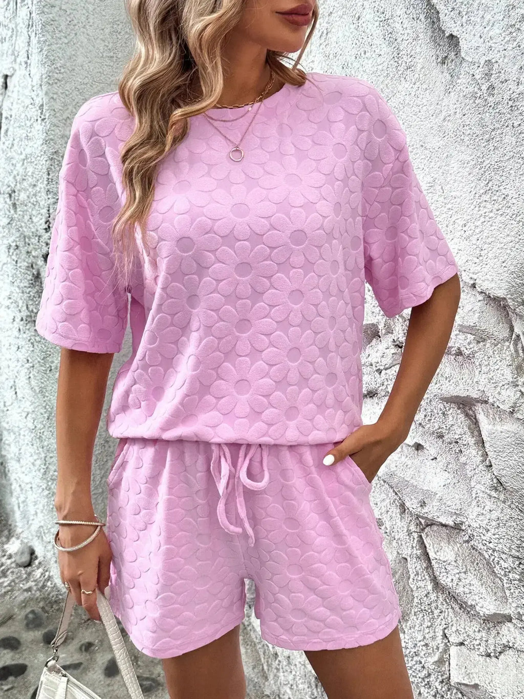 Flower Round Neck Top and Shorts Lounge Set - Plush Fashion Hub