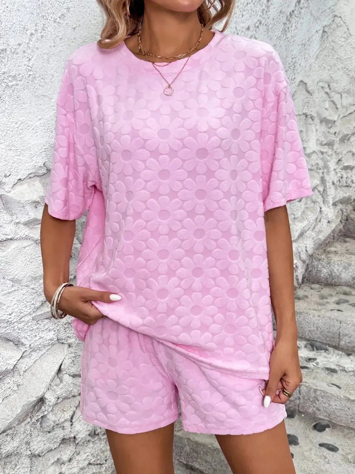 Flower Round Neck Top and Shorts Lounge Set - Plush Fashion Hub